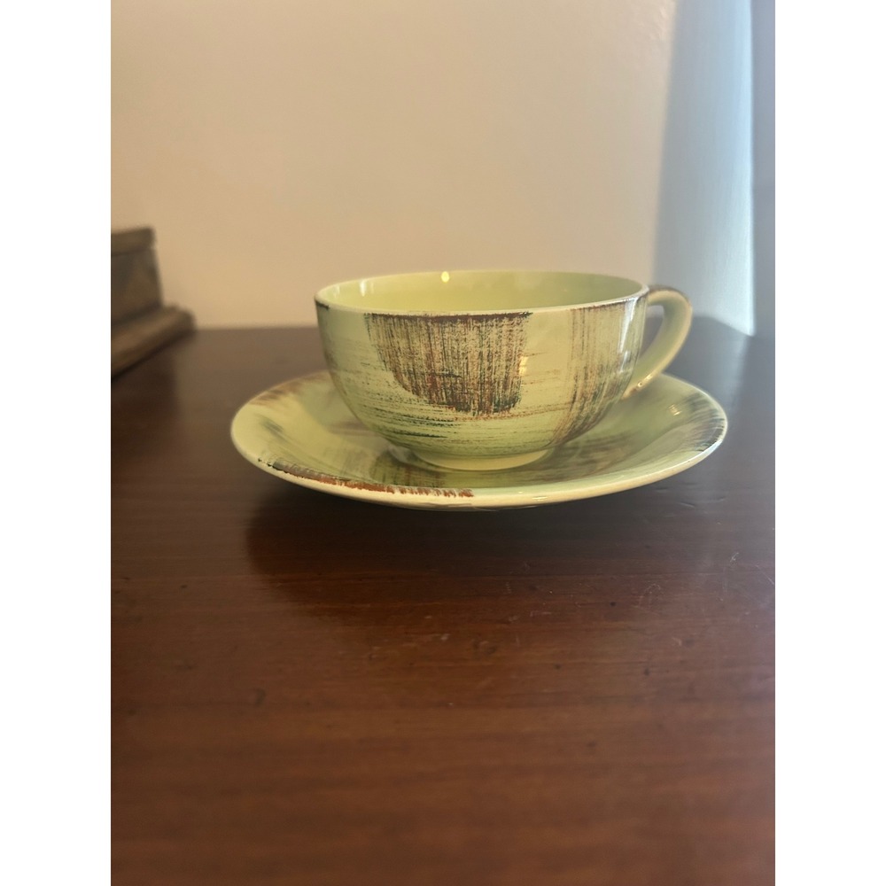 Vintage Vernon Ware Raffia Cup Saucer Set MCM Hand Painted California Pottery